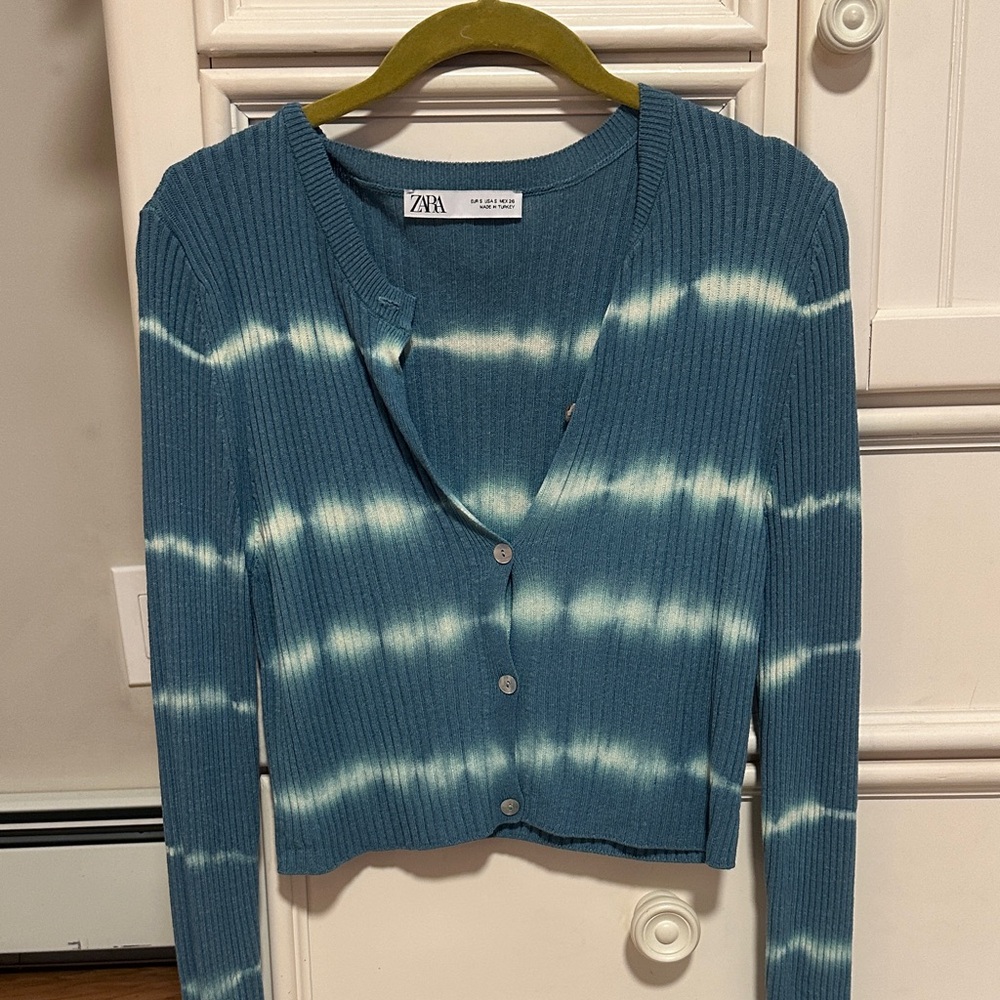 Zara Teal and Cream Women's Cardigan